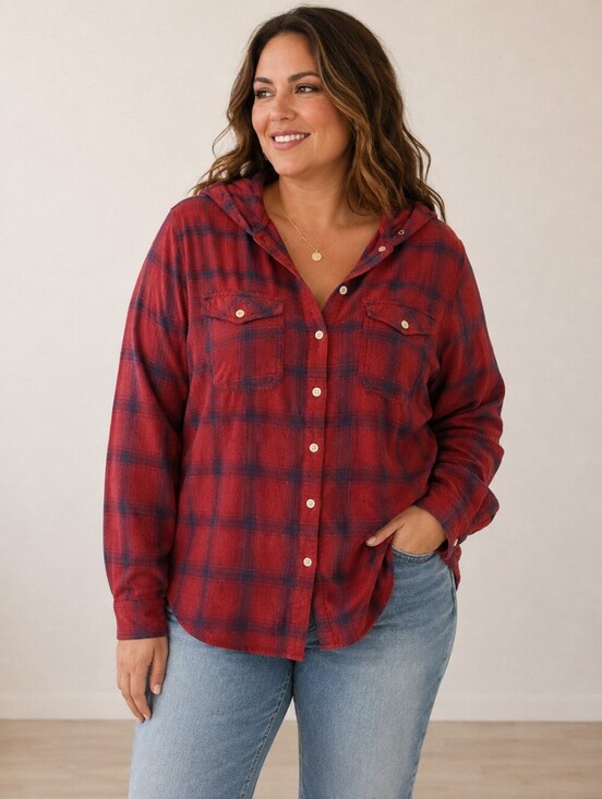 Maurices Tops - Maurices Red Blue Plaid Hooded Button Shirt Women's XL Fall Layer Western EUC